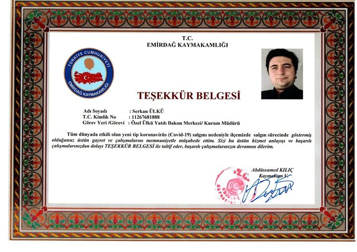 “Certificate of Appreciation” from Emirdag District Governor Mr. Abdussamet KILIC to Serkan ULKU